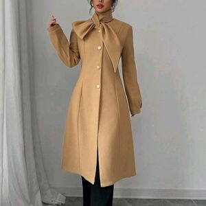 Women's Solid Color Self-Tie Collar Single-Breasted Long Elegant Coat